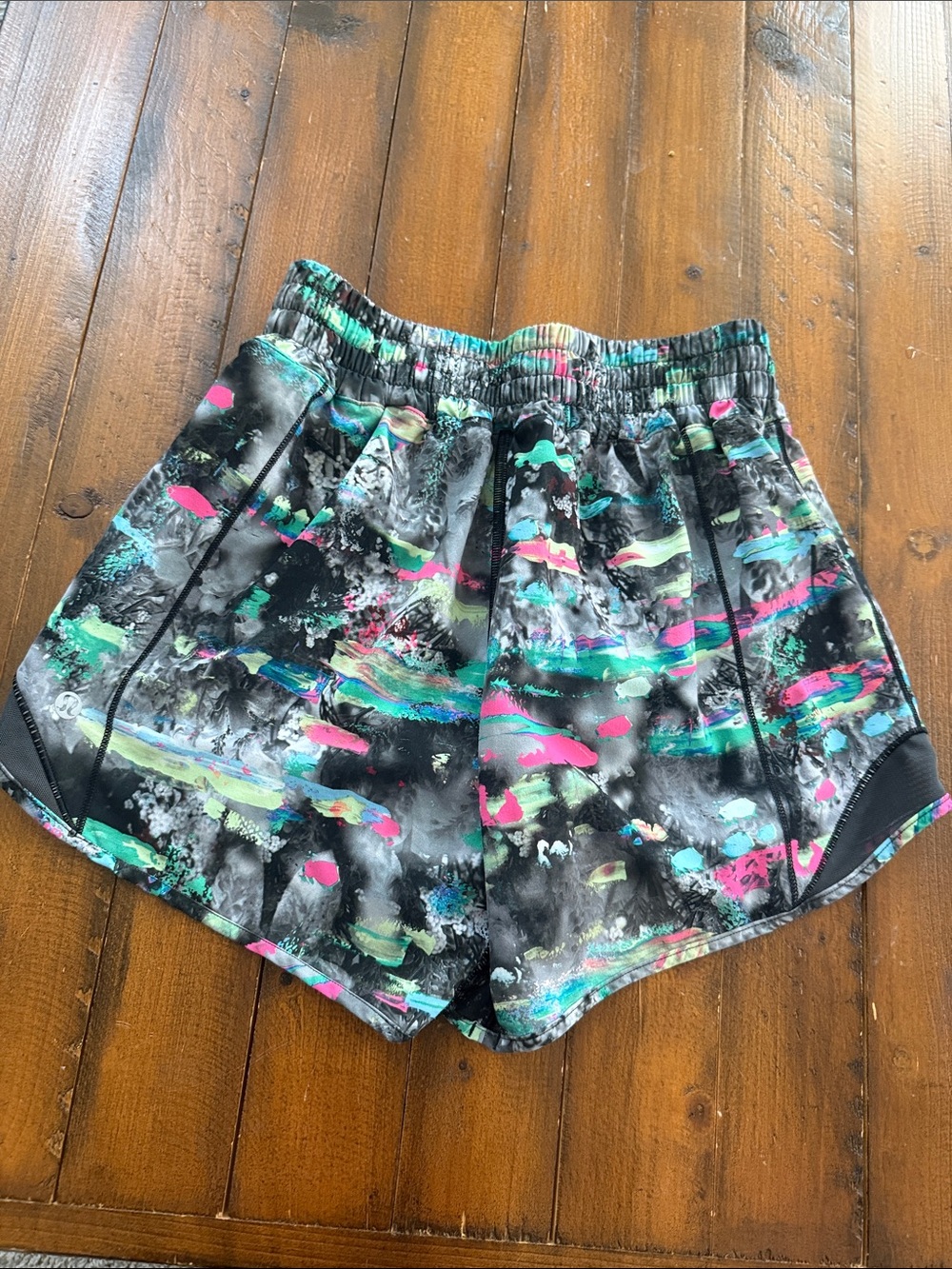 lululemon athletica Black Athletic Shorts with Neon Pink & Teal Splash